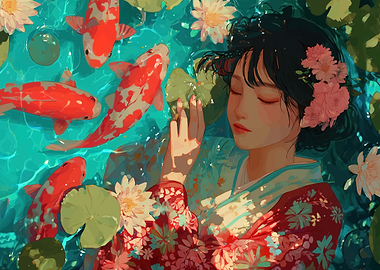 Girl Sleeping Among Koi Fish and Water Lilies
