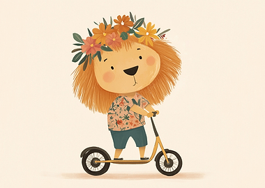 Lion on a Scooter with Flower Crown