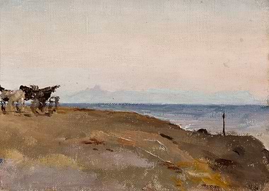 Coastal landscape with horse-drawn cart