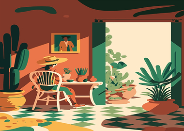 Woman in straw hat at a table