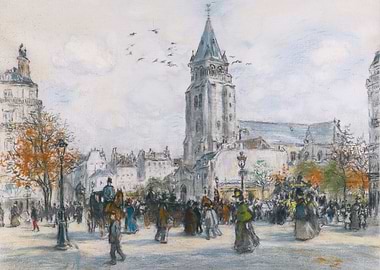 Parisian Street Scene with Church Tower