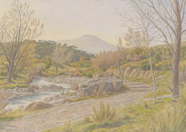 Watercolor Landscape of a Stream and Mountain