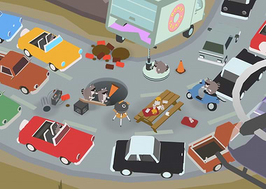 Raccoons in a chaotic car scene