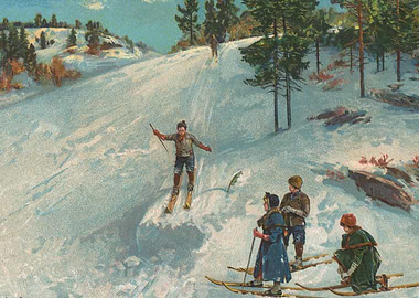 Vintage Skiing Scene with Children