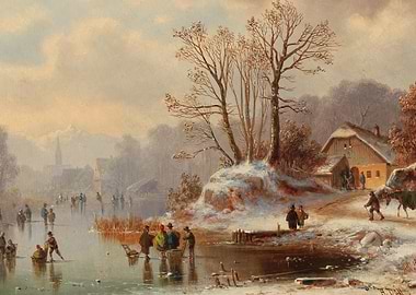 Winter Ice Skating Scene with Village