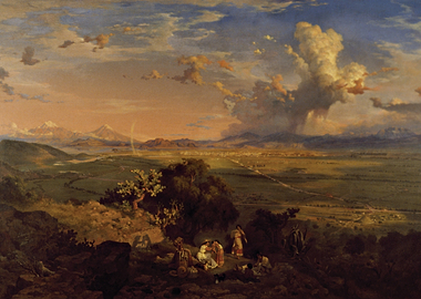 Volcanic Eruption Over a Valley Landscape