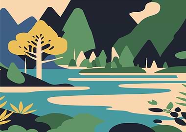 Stylized Landscape with River and Mountains