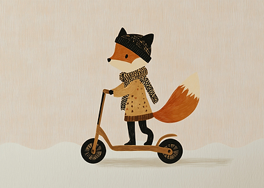 Fox Riding a Scooter in Winter