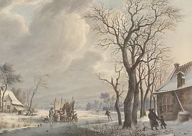 Winter Scene with Ice Skaters and Village