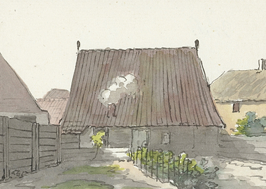 Watercolor painting of a rural village scene