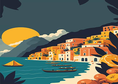 Coastal Italian Village with Oranges