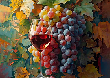 Glass of Red Wine with Grapes and Leaves