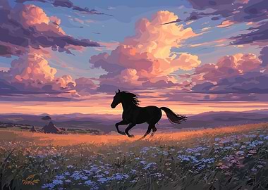 Black Horse Running Through a Field at Sunset