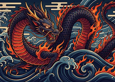 Fire Dragon Ocean Wave Japanese