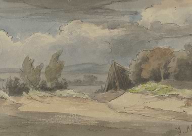 Watercolor Landscape with Stormy Sky