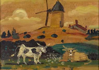 Cows in a Rural Landscape with Windmill