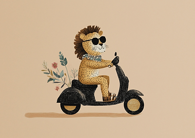 Lion Riding a Scooter with Flowers