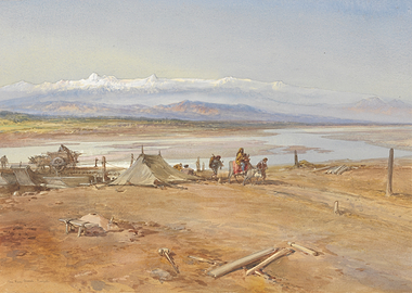 Caravan crossing a river with mountains in background