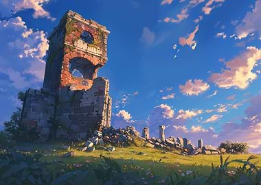 Ruined Tower Under a Cloudy Sky
