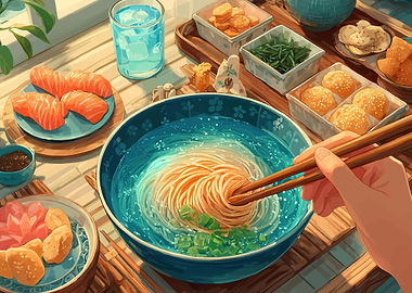 Japanese Meal with Noodles and Salmon