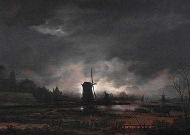 Night landscape with windmills and boats