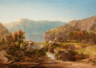 Serene Mountain Lake Landscape with Cabin