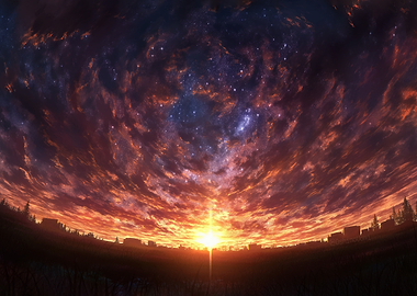 Anime Sunset Over Cityscape with Stars