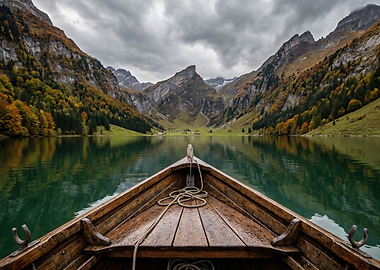 Boat on a mountain lake in autumn