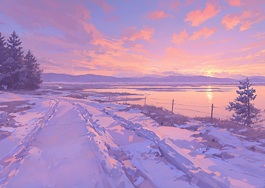 Winter Sunset Over Snowy Landscape
