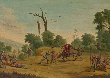 Historical Battle Scene with Hanging Figures