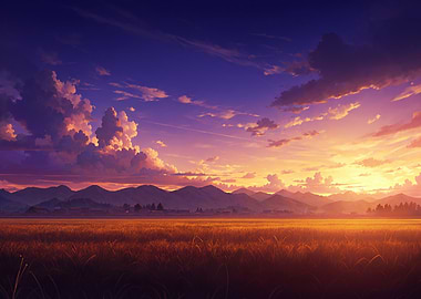 Anime Sunset Over Rural Landscape