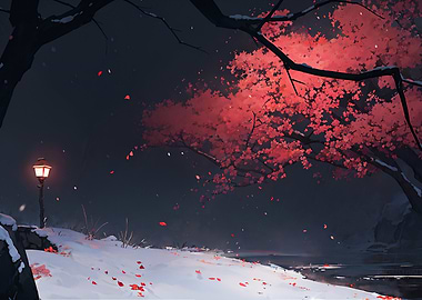 Winter Night with Cherry Blossoms