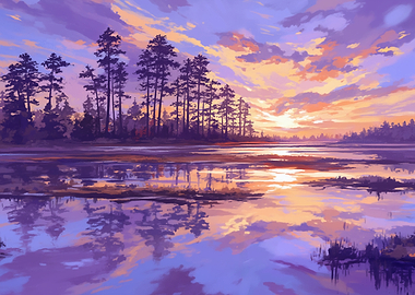 Sunset over a tranquil lake