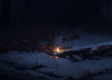 Lantern in a Snowy Forest at Night