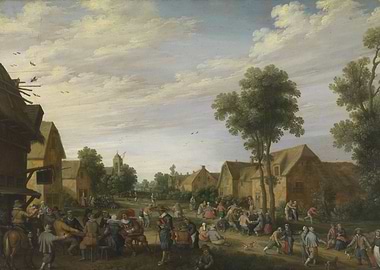 Village scene with people gathering