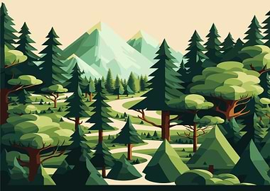Stylized Forest Landscape with Mountains