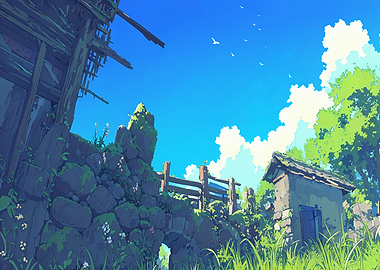 Ruined Village Under a Blue Sky
