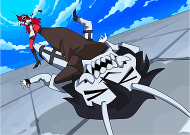 Neon White characters fighting on a rooftop