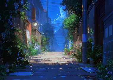 Anime Alleyway with Lush Greenery