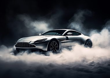 Silver Aston Martin in Smoke