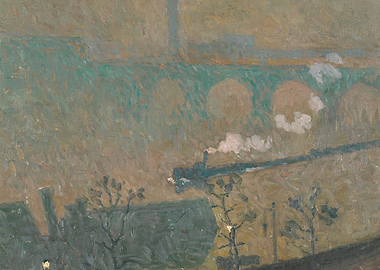 Train crossing a bridge in a misty landscape