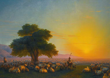 Shepherds and Sheep at Sunset