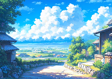 Anime Village Landscape with Clouds