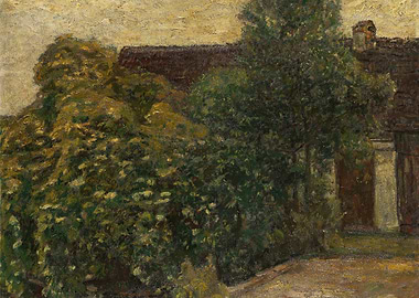 Impressionist painting of a garden and house