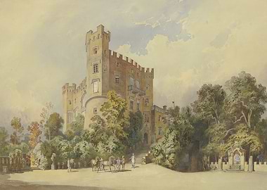 Watercolor painting of a castle with horses