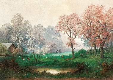 Spring Landscape with Farmhouse and Chickens