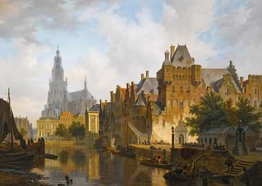 Canal scene with historic buildings and cathedral