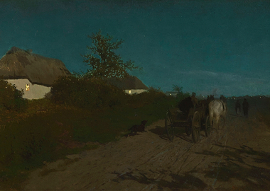 Night scene with horse-drawn carriage and cottages