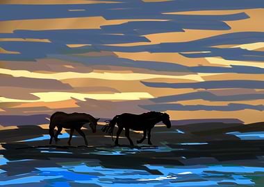 Horses in sunset