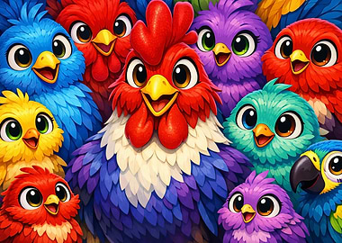 Cute Cartoon Birds and Rooster